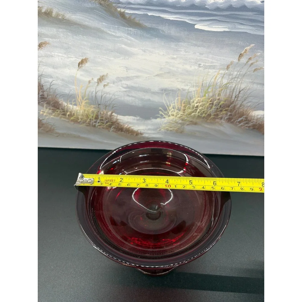Vintage Ruby Red Glass Pedestal Bowl Footed Compote Dish Beaded Rim 7in